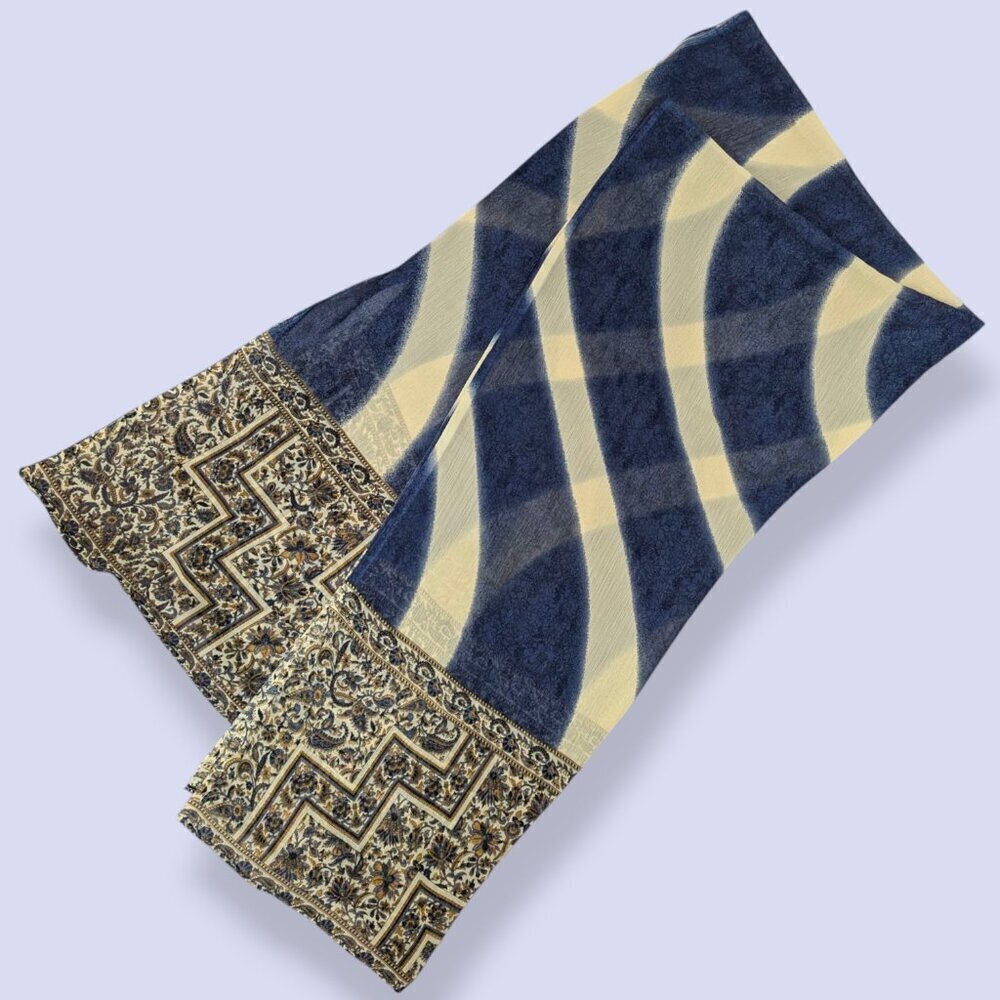Vintage XXL Rectangular Blue Wave Scarf